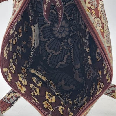 Vera Bradley Shoulder Bag Tote Slate Blooms Brown/Blue Floral Cotton Quilted Zip