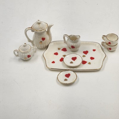 10pcs Miniature Tea Set White Red Heart Chintz Decal Gold Trim 4.5"x3" Taiwan