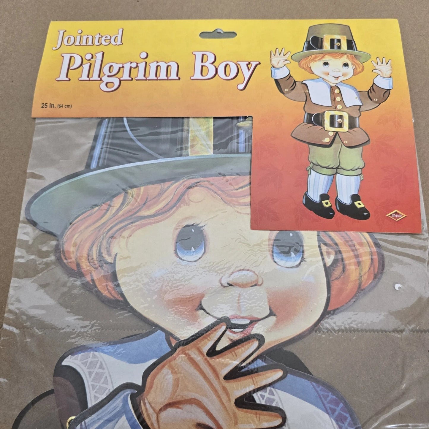 Beistle Pilgrim Boy Jointed Die Cut Cardboard 25" Thanksgiving Decor 1986 Vtg