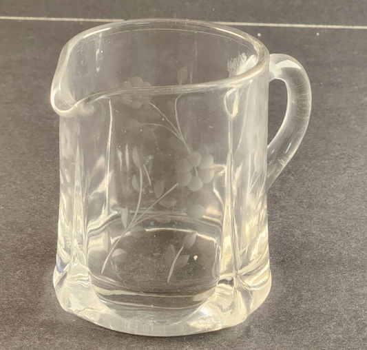 Clear Etched Glass Creamer Handle And Sprout Vintage Floral Pattern Design