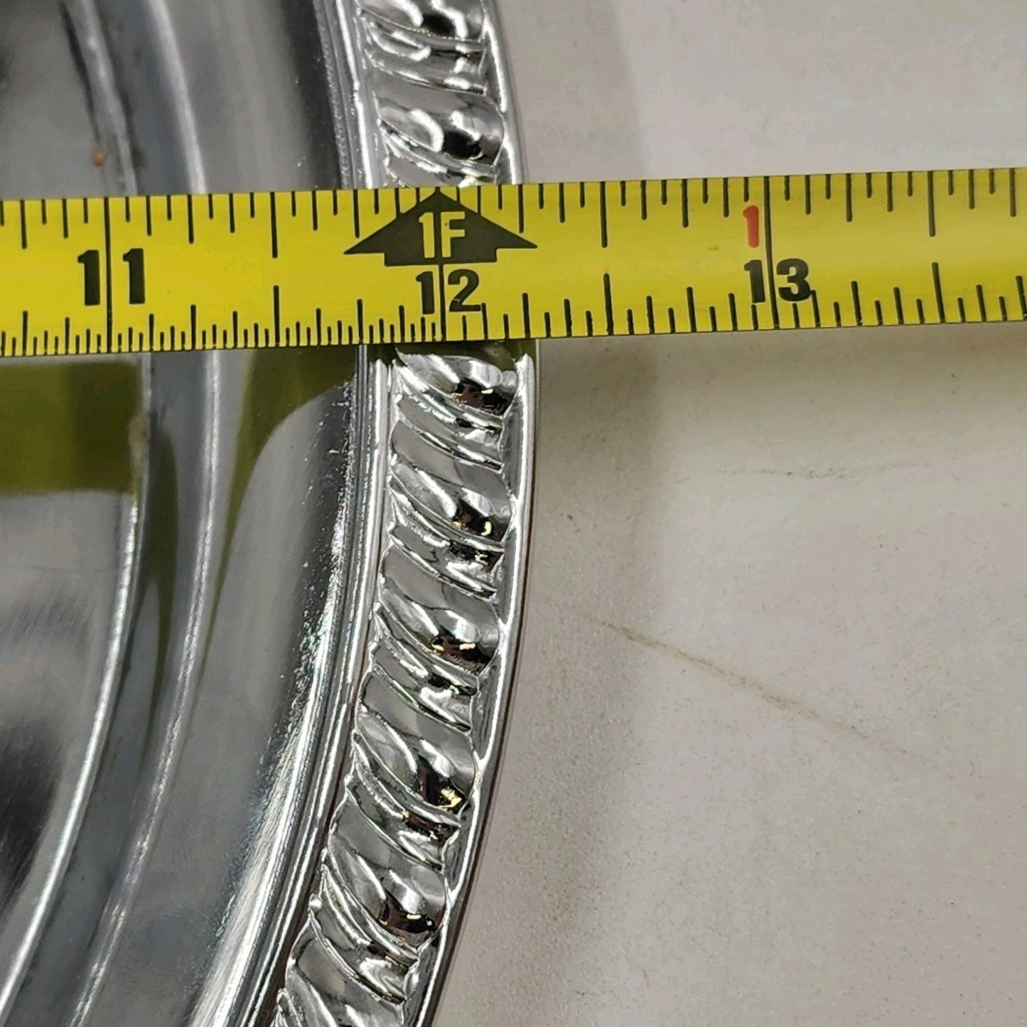 Irvinware Silver Plated Round Serving Tray 12" Etched Scroll Braided Rope Rim