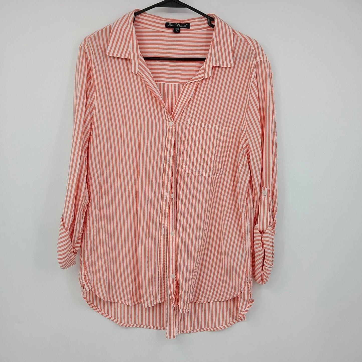 Velvet Heart Women's Peach White Striped Button Down Blouse Roll Tab Sleeve XL