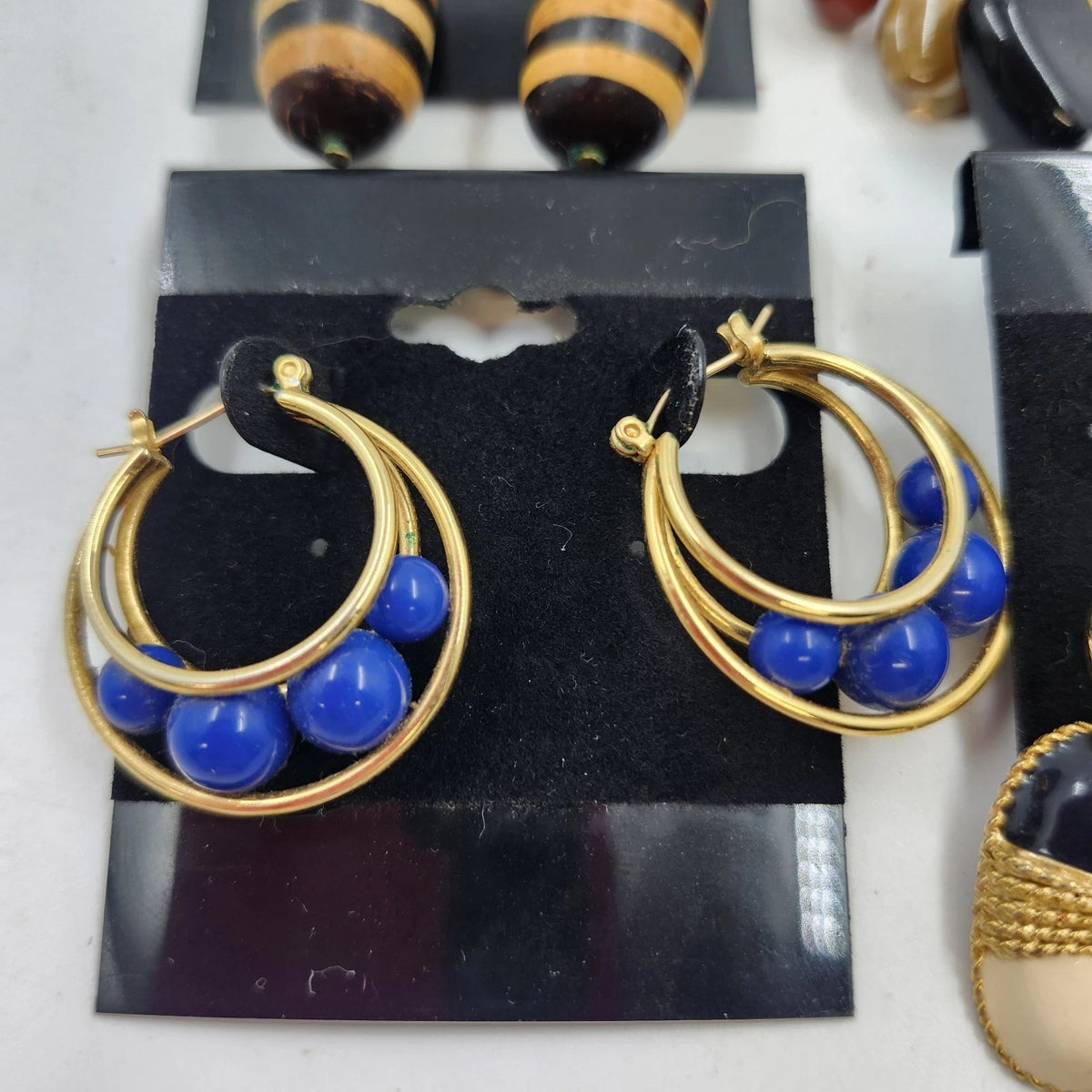 Catherines Earrings Lot 4 Pair Gold Tone Blue Black Beaded Dangle Vintage