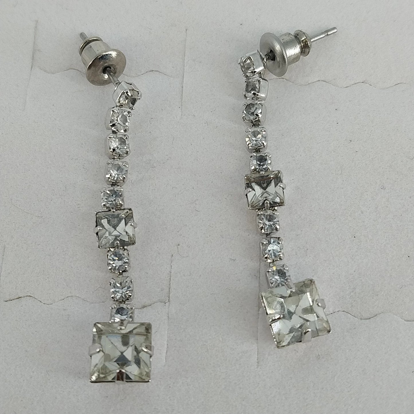 Clear Crystal Princess Cut Square Dangle Earrings Silver Tone Linear Drop