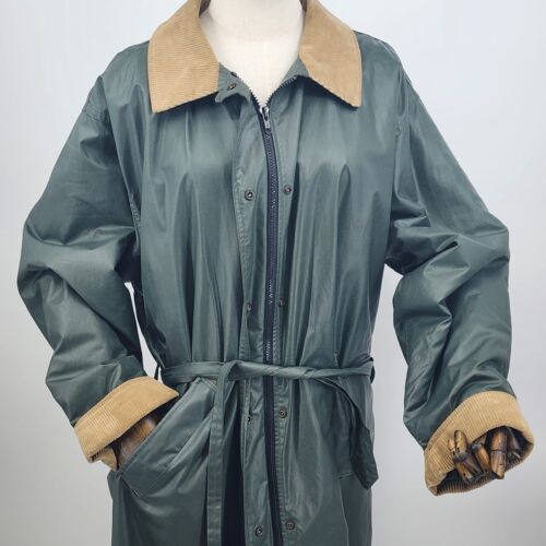 Woolrich Woman Long Trench Coat Faux Leather Wool Lining Corduroy Trim Vintage