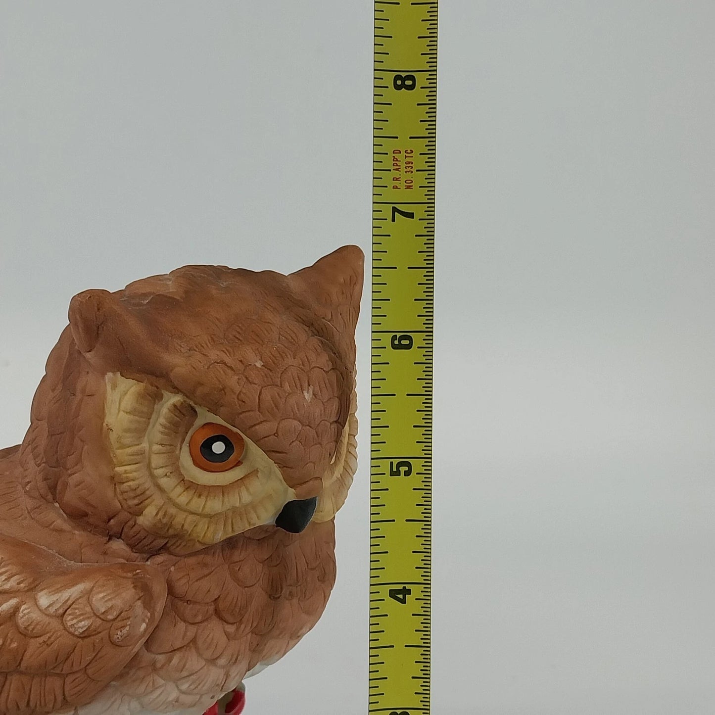 Horned Owl Porcelain Figurine on Log with Holly Red Berries Wildlife Decor 6.5"