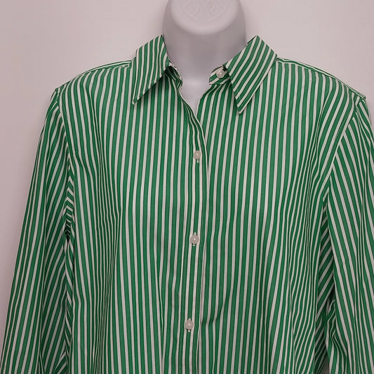 Chaps No Iron Green White Striped Button Front Shirt Women's L Red Paisley Cuffs
