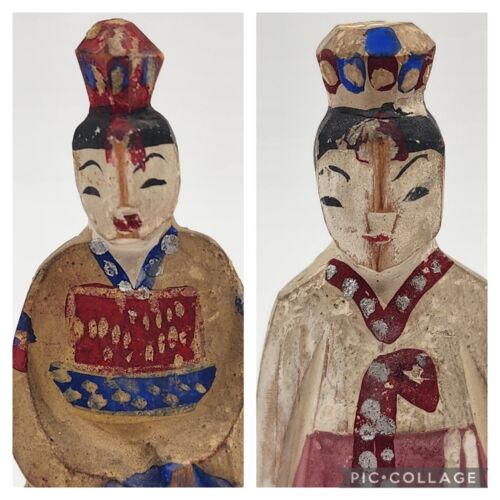 2 Korean Wooden Doll Figurines 5" Tall Hand Made & Painted Traditional Style Vtg