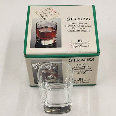 Set 4 Strauss Italian Crystal Clear Shot Glass Luigi Bormioli 2 oz Square w Box