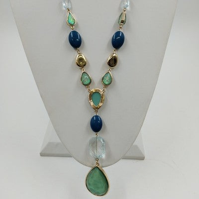 Catherines Gold Tone Teardrop Blue Gem Bead Necklace Lobster Clasp 21" Long