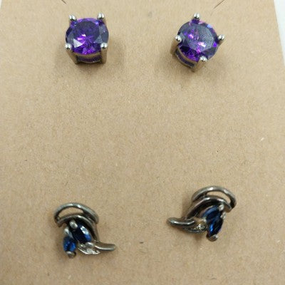 Set of 2 Stud Earrings Silver Tone with Purple and Blue Rhinestones