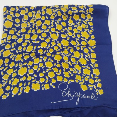 Schiaparelli Silk Blend Scarf 23" Square Yellow Blue Floral Print Signed Vintage