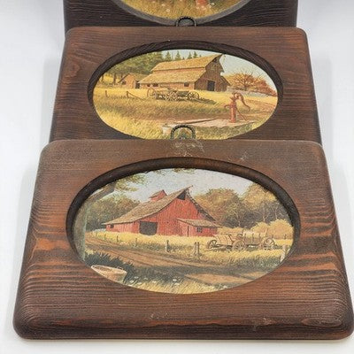 Set of 3 Old Country Farm Pictures Rustic Farmhouse Wall Art Mounted on Wood 12.5"x10.5"