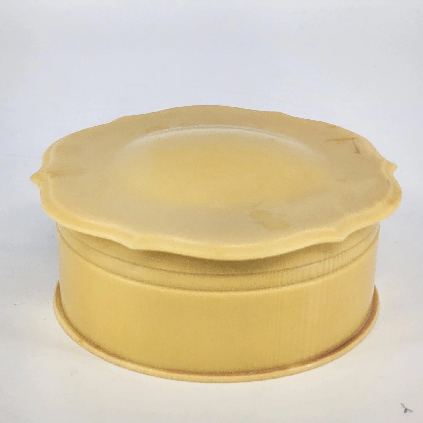 Bakelite Plastic Yellow Powder Jar Round Vanity Box Trinket Celluloid Style Vtg