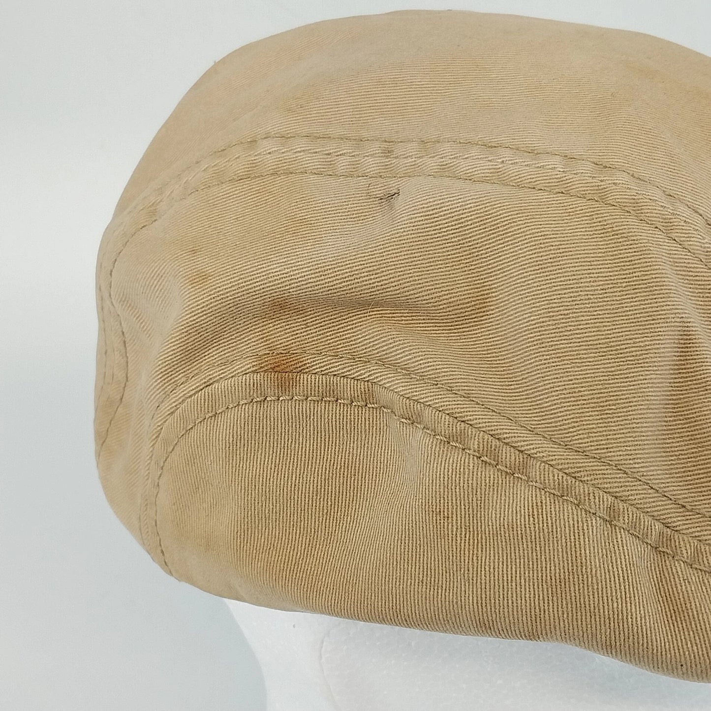 George Tan Canvas Newsboy Cap Flat Driving Hat Multi Panel Mens Small Spot Vtg