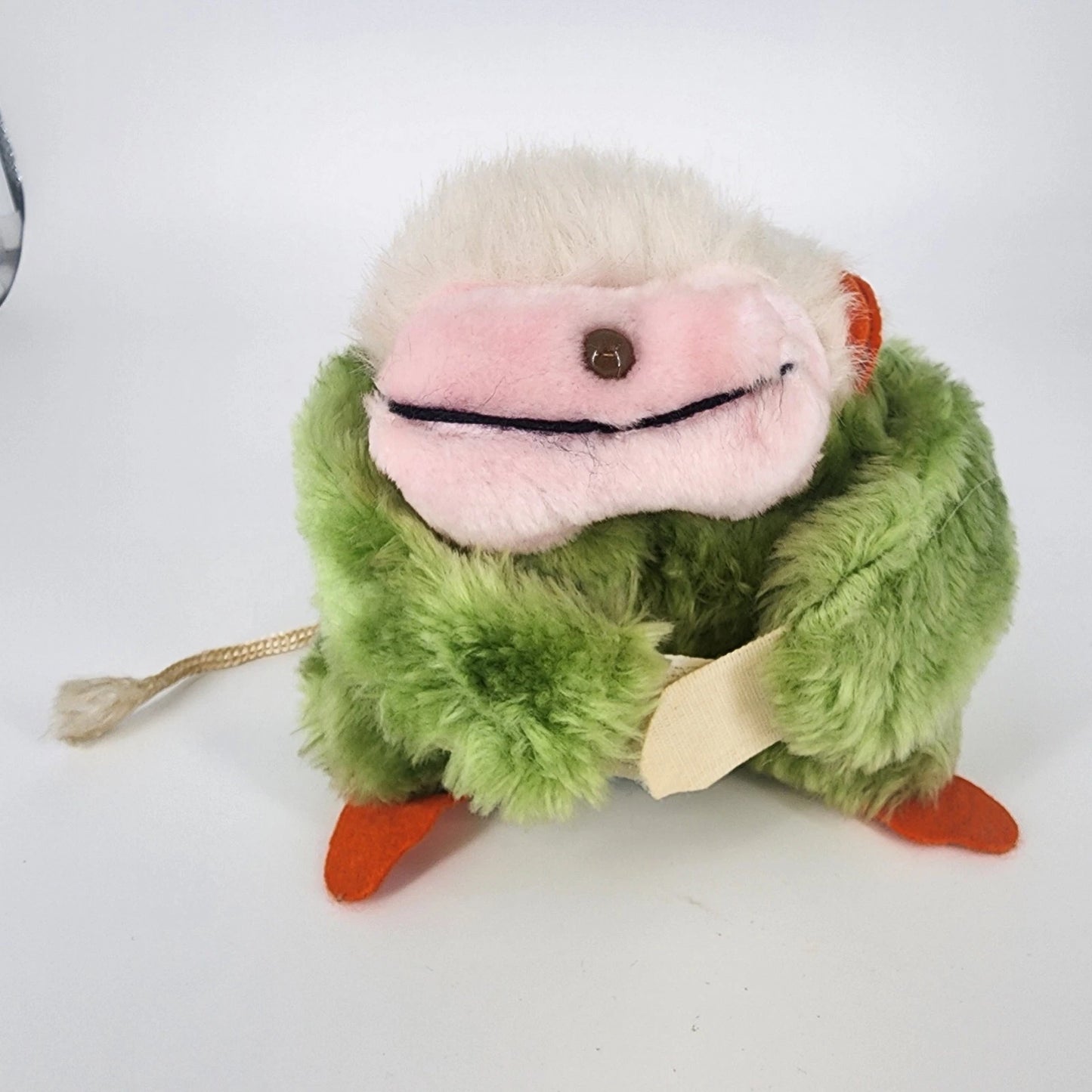 Intrigue Hanging Monkey Plush Green 6" Tall Hook & Loop Hands Korea Vintage 1980