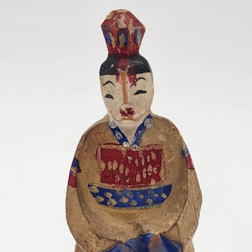 2 Korean Wooden Doll Figurines 5" Tall Hand Made & Painted Traditional Style Vtg