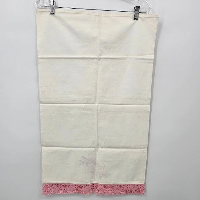 MRS Embroidered Pillowcase Pink Green Floral Lace Trim Mid Century 30" Vtg 1950s
