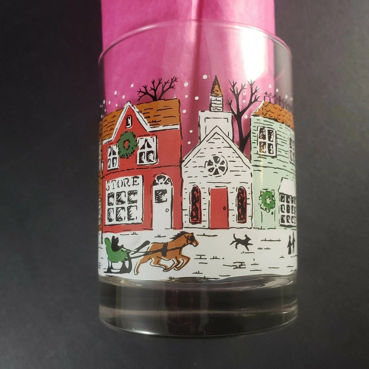 2 Christmas Rocks Glasses Town Square Main Street Holiday Barware Vintage 1980s