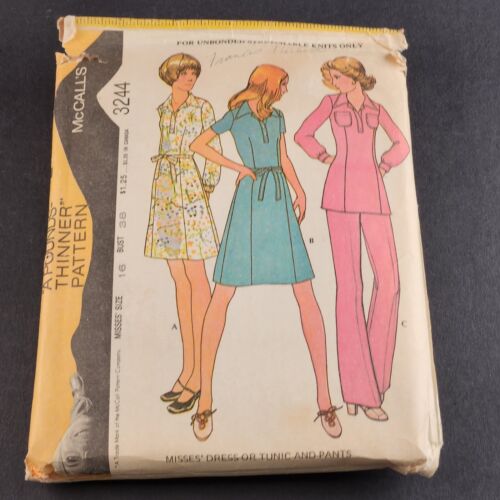 McCall's 3244 Vintage Sewing Pattern 1970's Misses Dress or Tunic Pants Size 16