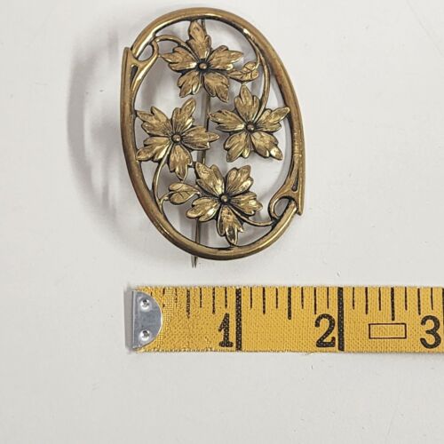 Gold Tone Floral Oval Brooch Flowers Vintage Costume Jewelry Ivy Leaf Danish