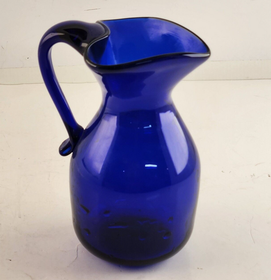 Cobalt Blue Glass Pitcher Heart Shaped Trimmed Rim Handle Vintage Unbranded