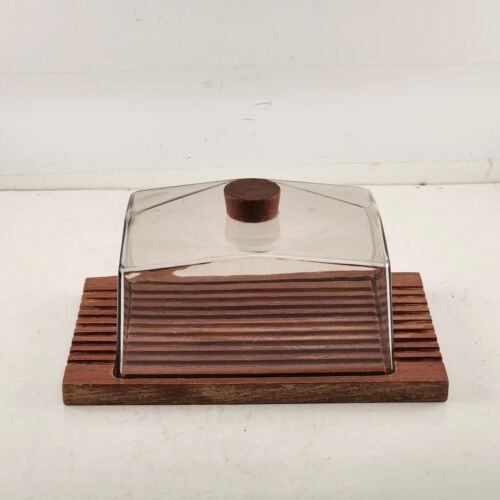 Wooden Cheese Board with Plastic Lid Denmark Rectangle Shaped Walnut 9" x 5.5"