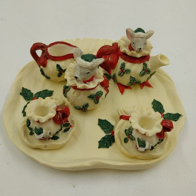 Youngs Inc Mini Tea Set 1995 Christmas Red Ribbons Holly 6" Collectible