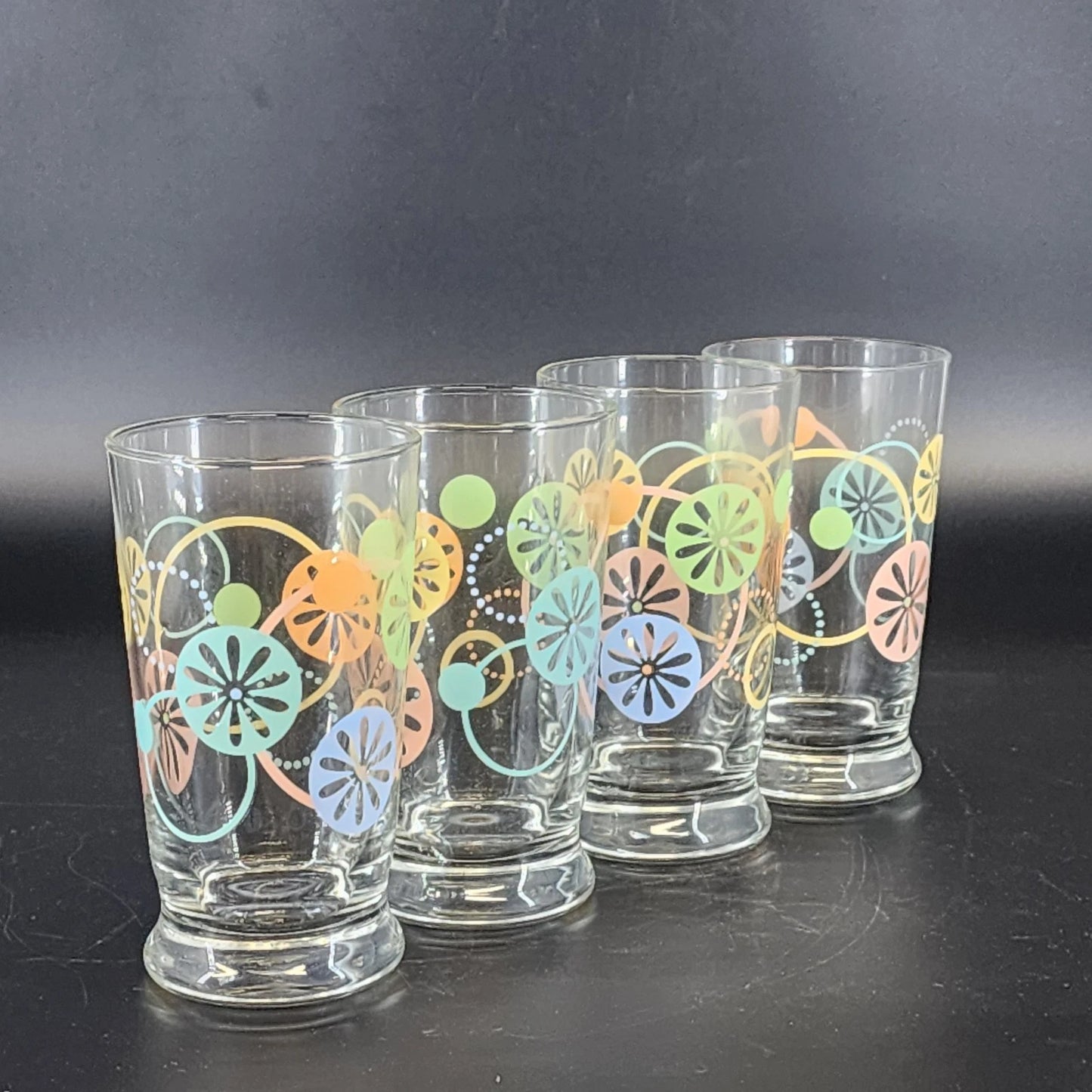 Libbey Atomic Starburst Juice Glasses 4 MCM Flower Power 5” 1970s Vtg Drinkware