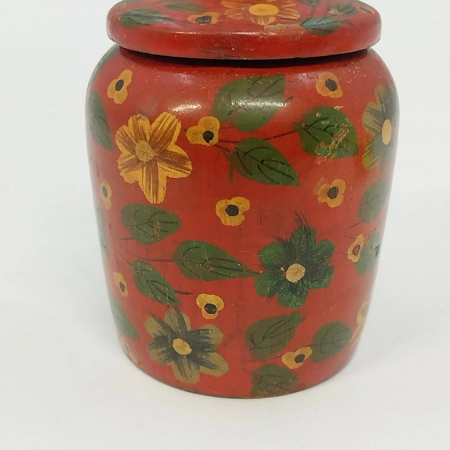 Pier 1 Hand Painted Wood Lidded Decorative Jar Red Floral India 4”
