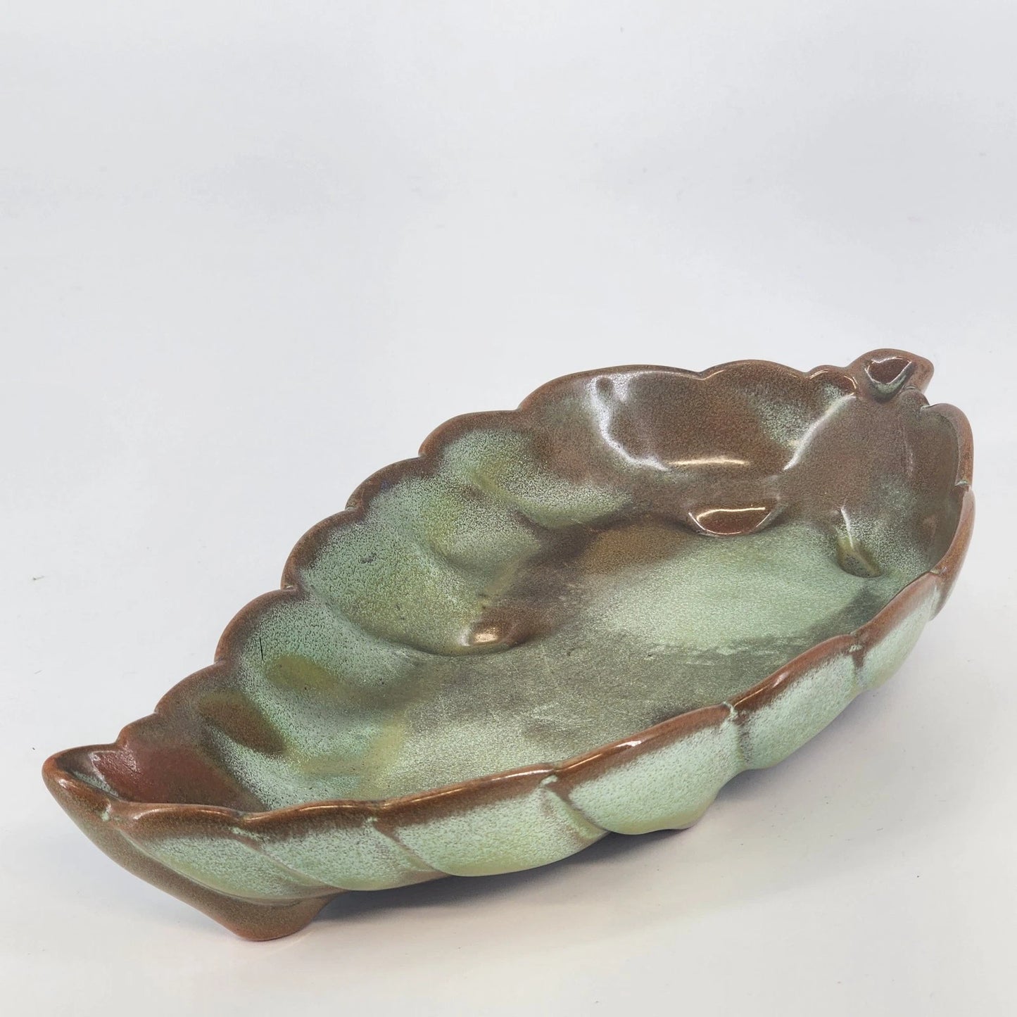 Frankoma Pottery Prairie Green Leaf Dish 225 Footed Serving Tray Oklahoma Clay