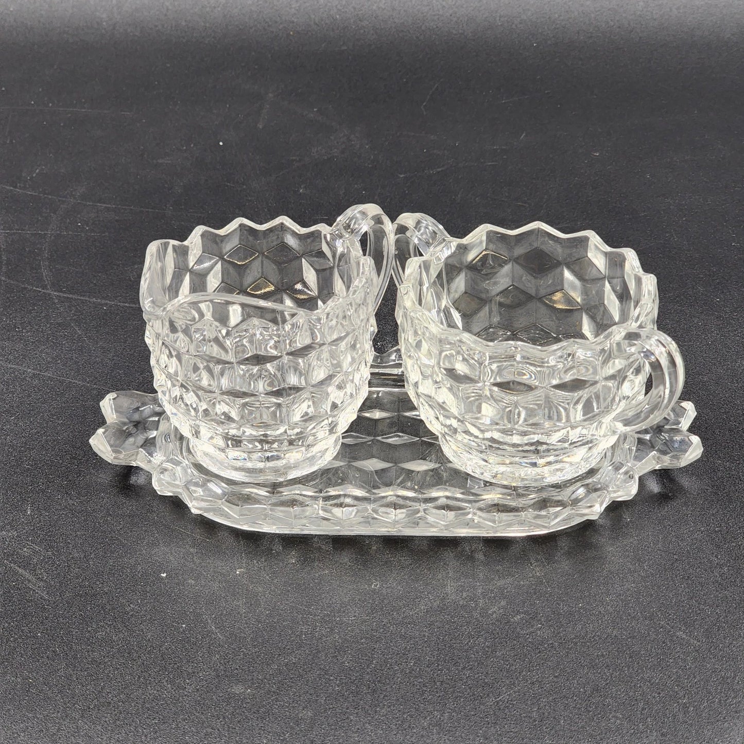 Fostoria Cubist Pattern American 3 Pc Set Clear Creamer Sugar Underplate Vintage