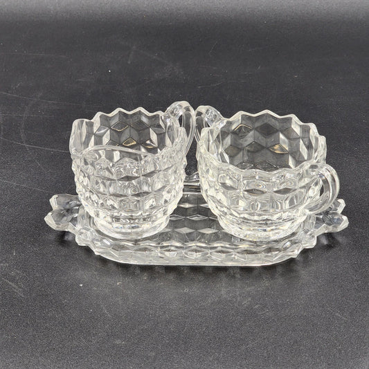Fostoria Cubist Pattern American 3 Pc Set Clear Creamer Sugar Underplate Vintage
