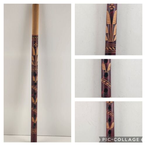 Ornate Hand Carved Wooden Flute Dark Red and Tan Vintage Made in USSR 15" Long