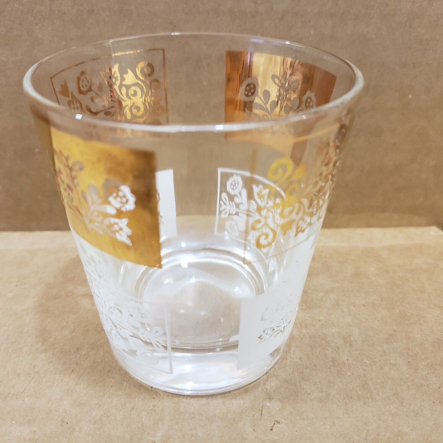 6 Vintage Glass Tumblers Gold White Geometric Design 2 each 5.5" - 5" - 3" tall