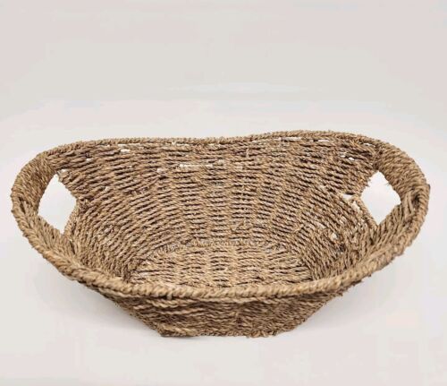 Wicker Basket Oval 11" x 16" Brown Vintage Handles Centerpiece Vanity Vintage