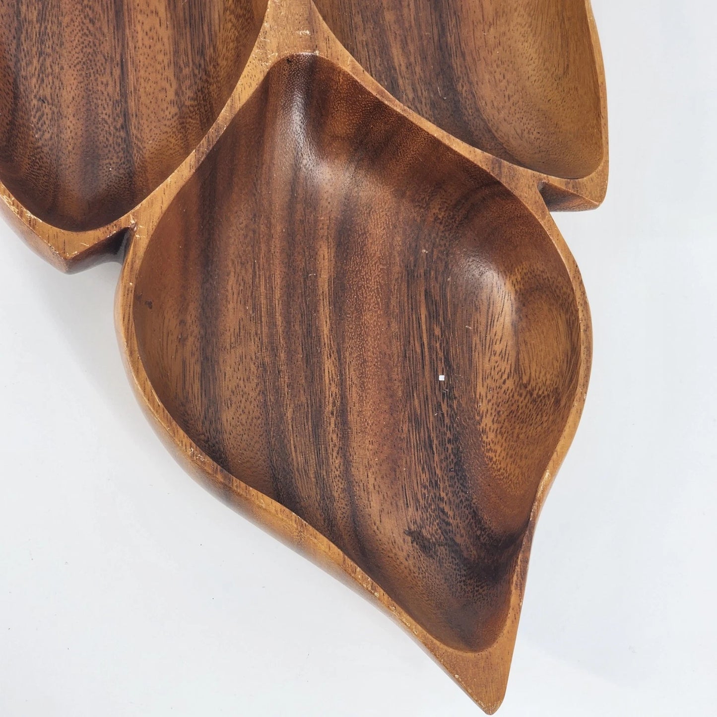 Hand Carved Natural Wooden Leaf Serving Tray 3-Section Divided Dish 16" Large