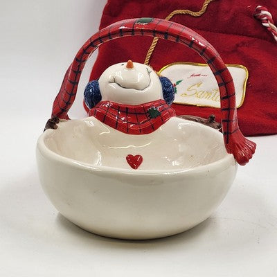 St. Nicholas Square Snowman Basket Candy Dish Button Up with Stocking China 7"
