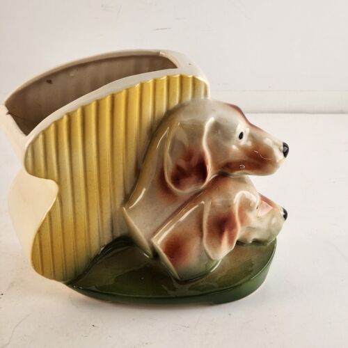 Ceramic Yellow and Green Dog Garden Planter Ribbed Flower Pot Vintage MCM