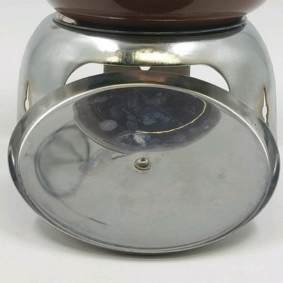 Brown Enamel Fondue Pot with Wood Handles Stand Burner and Forks Japan Vintage