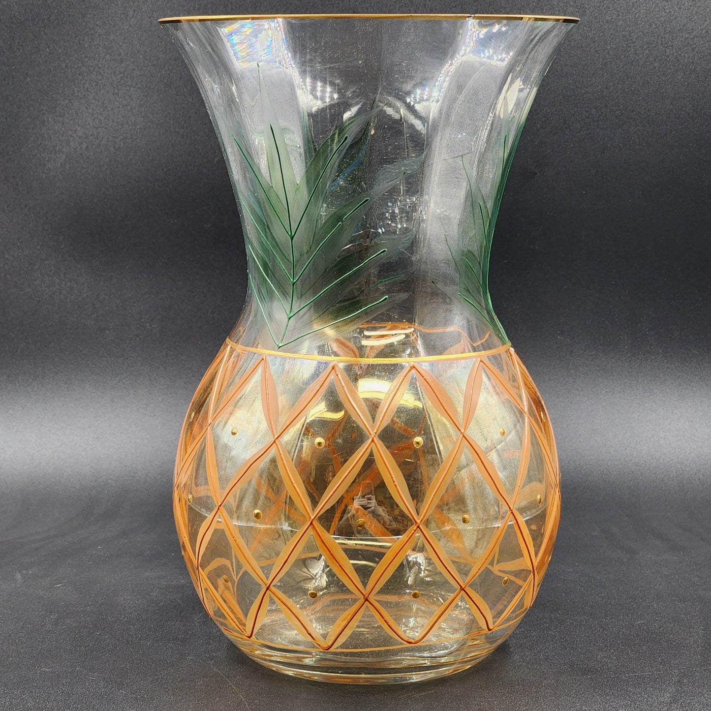 Romanian Vase Clear Crystal Hand Painted Art Glass Pineapple Design Gold Trim