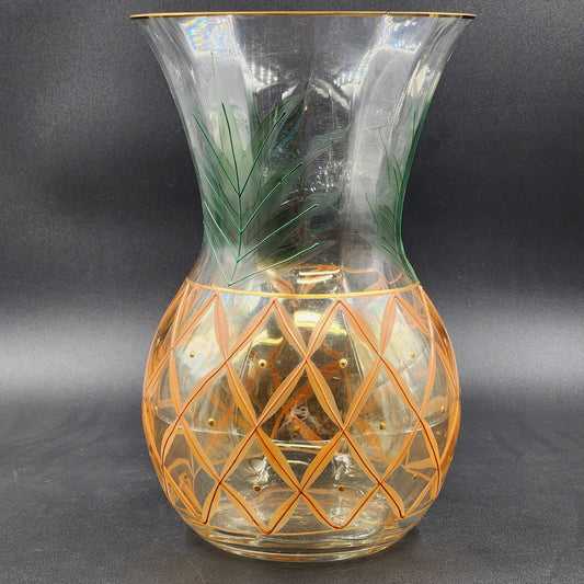 Romanian Vase Clear Crystal Hand Painted Art Glass Pineapple Design Gold Trim