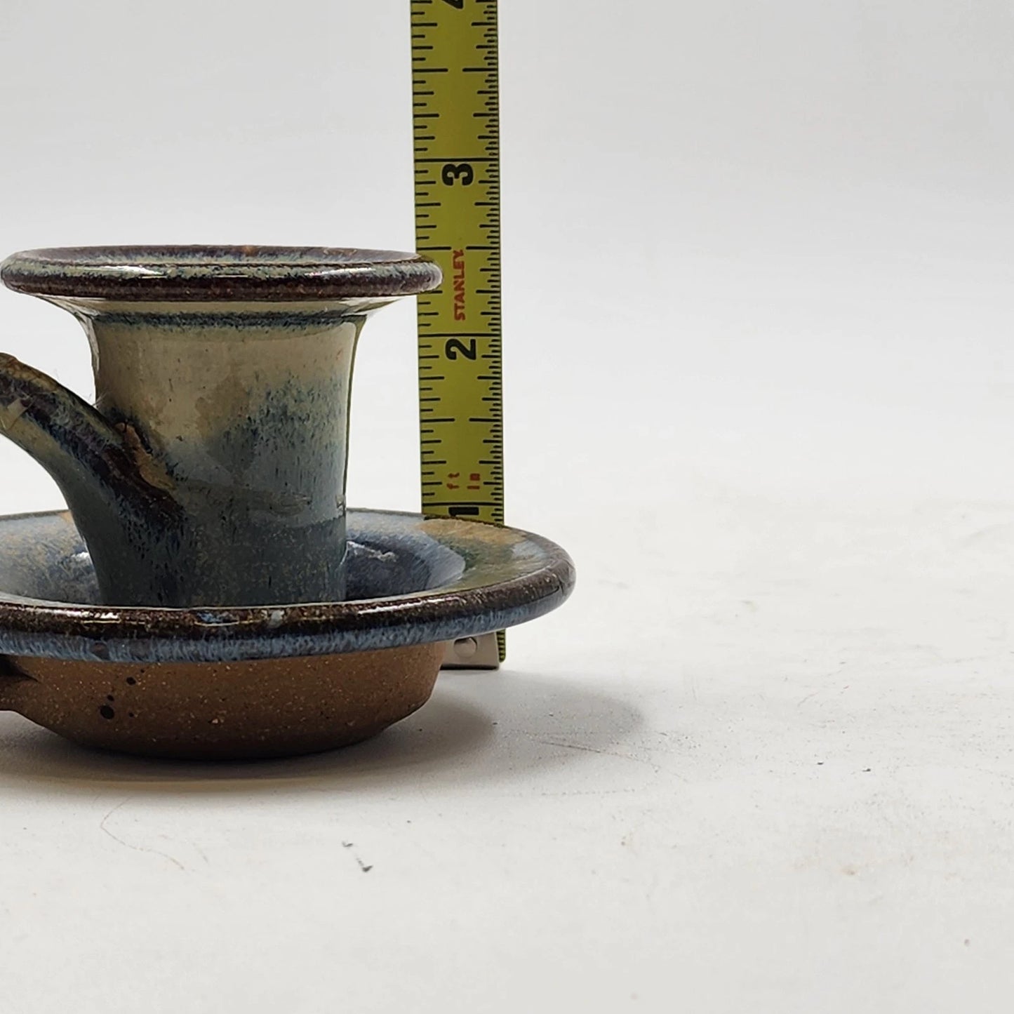 Doug Sassi Signed Pottery Candle Holder Vintage Blue Brown Handcrafted 4" x 2.5"