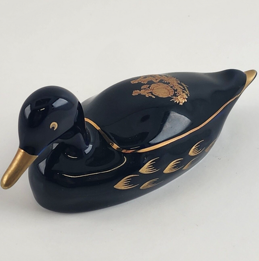 Limoges Duck Figure Porcelain Cobalt Blue 22k Gold Paint 5" Miniature France