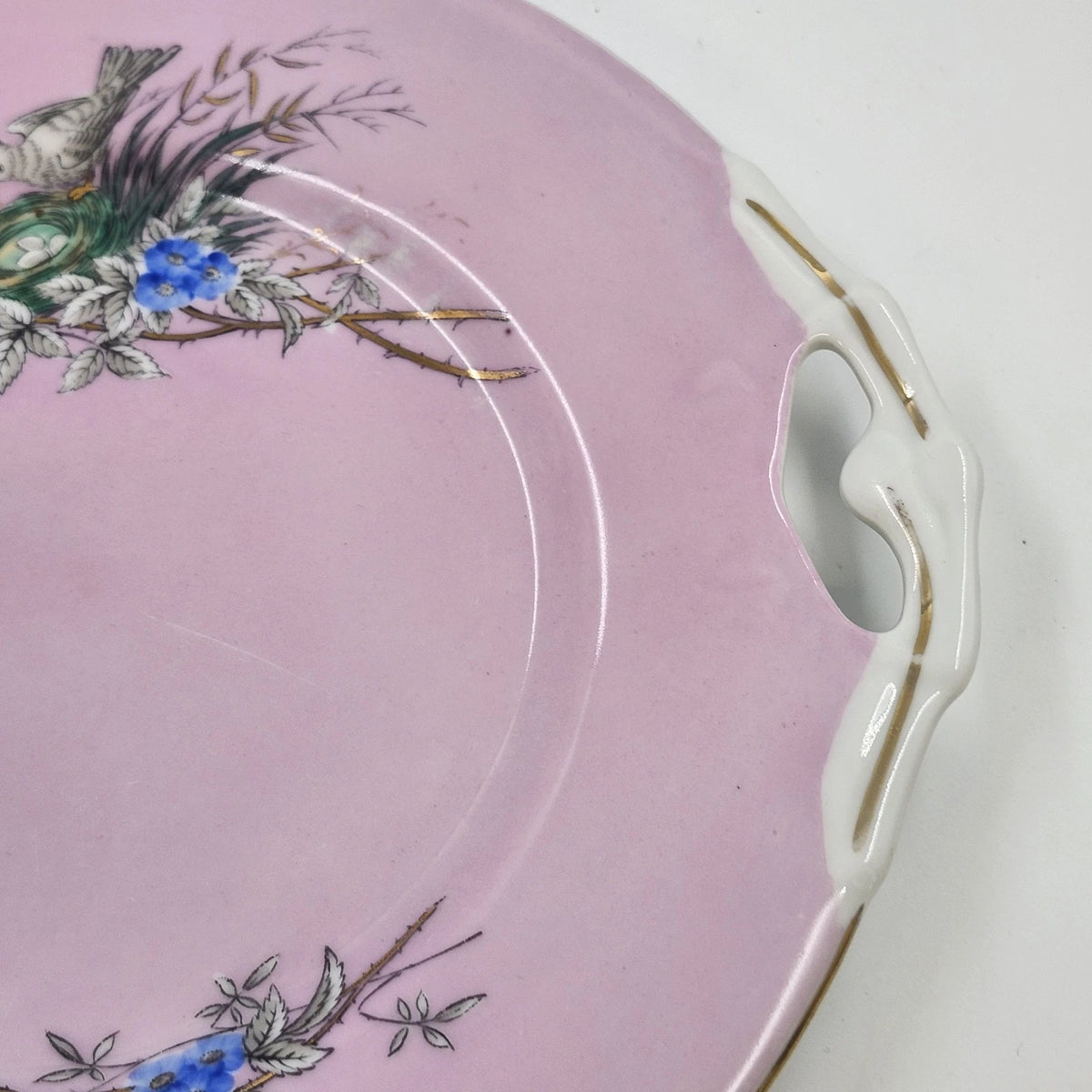 Pink Porcelain Cake Plate Birds Nest Blue Flowers Gold Handles 10.5" Antique