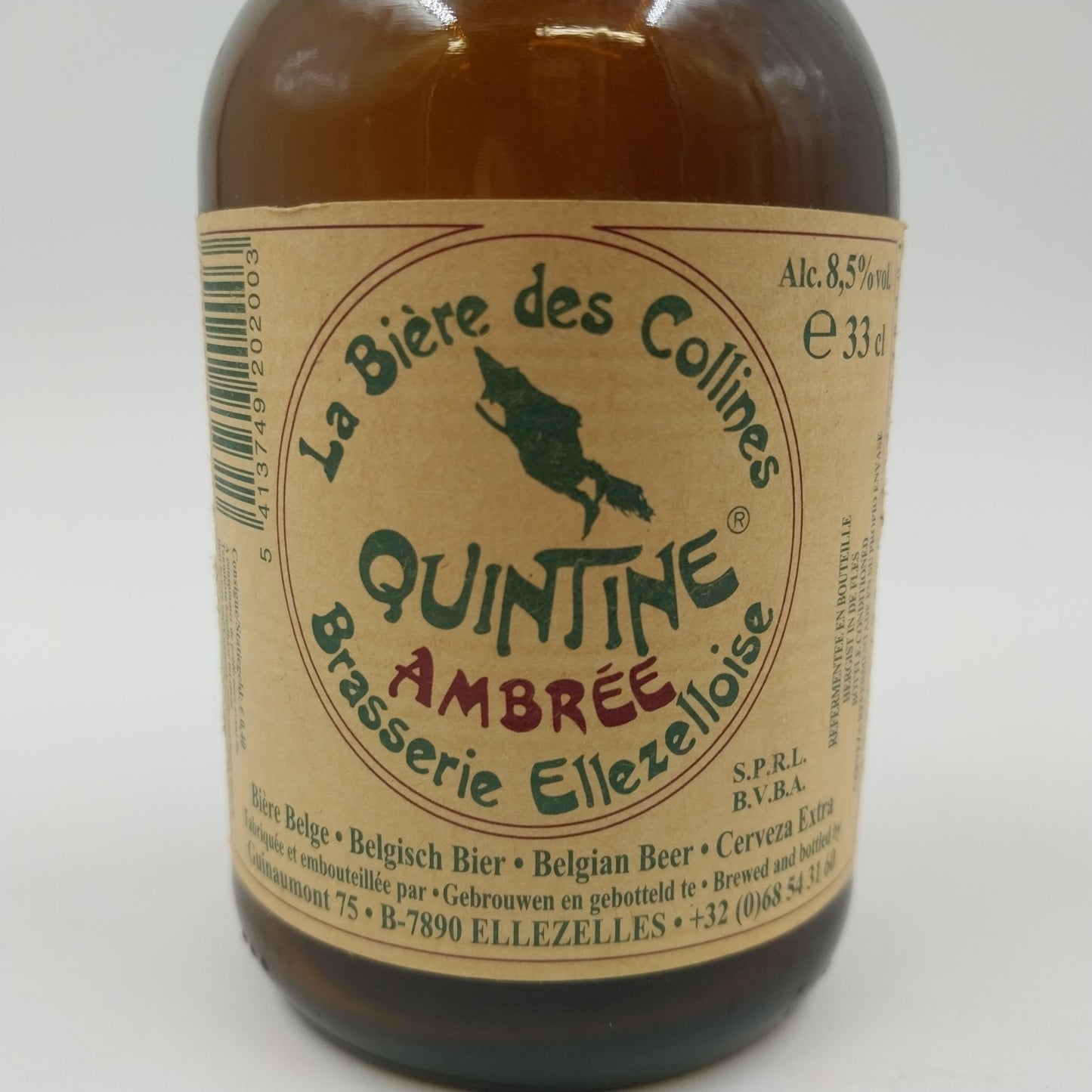 La Biere Des Collines QUINTINE Ambree Brasserie Ellezelloise Alcohol Bottle 8"