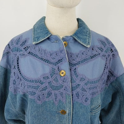 Together! Denim Batwing Jacket Missy S Gold Buttons Lace Trim 1980s Vintage