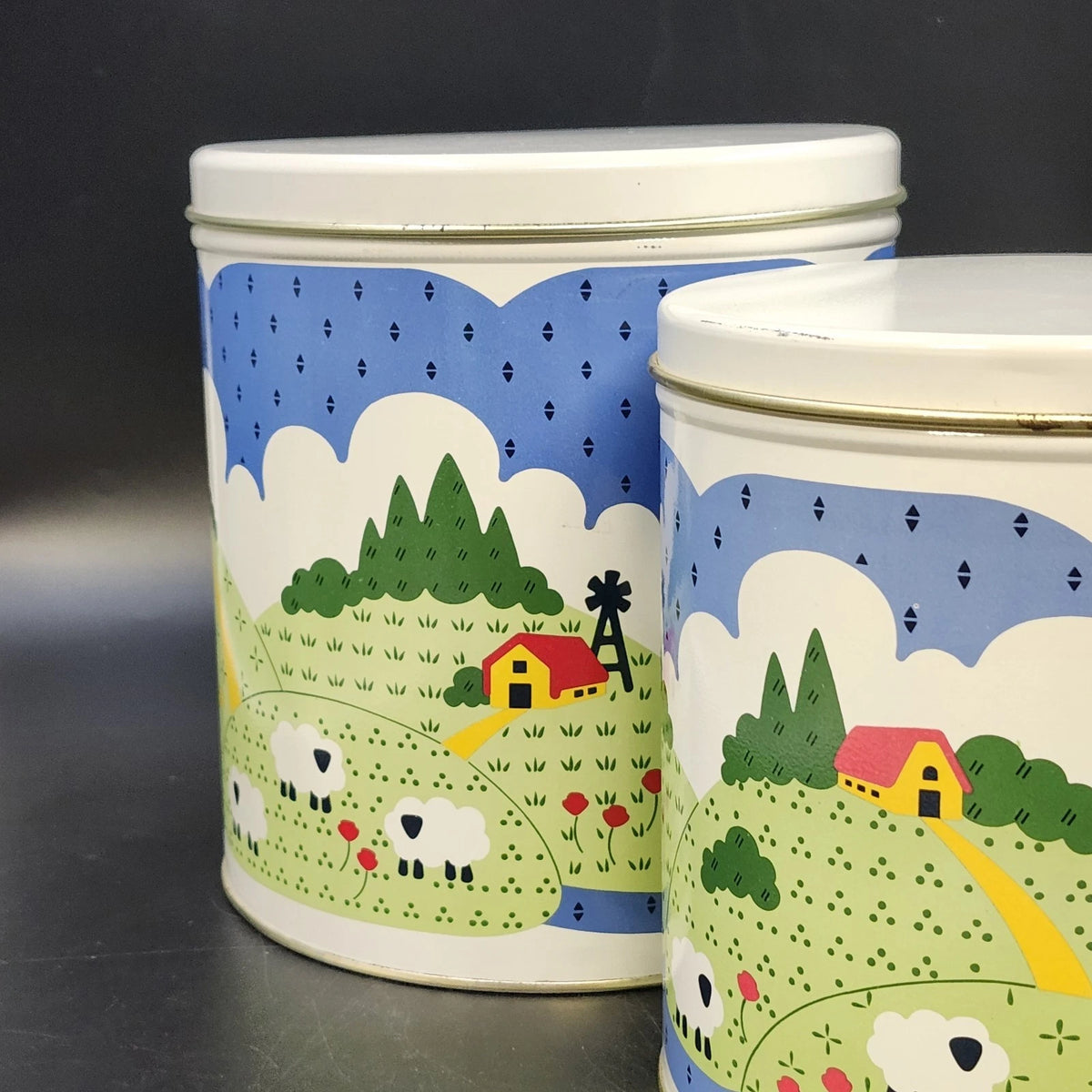 Nina Farm Scene Sheep Tin Canister Set 3 Metal Kitchen Storage Nesting 1982