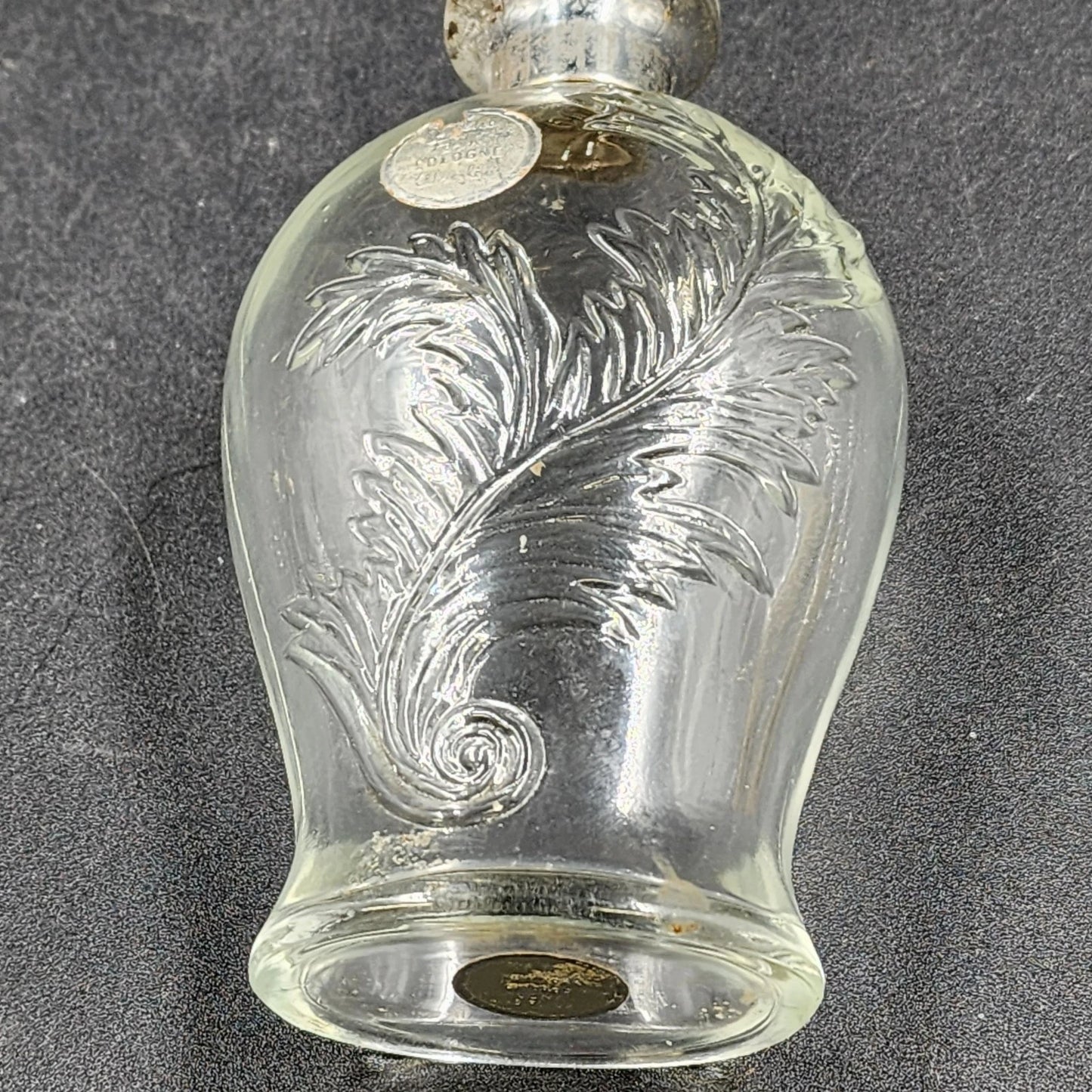 Wrisley Blue Fern Cologne Bottle 4.25 oz Clear Glass Silver Lid Empty 1950 Vtg