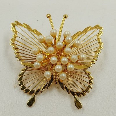 Monet Gold Tone Butterfly Filigree Wire Winged Brooch w Faux Pearl Pin Jewelry